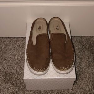 Tan suede UGG slides